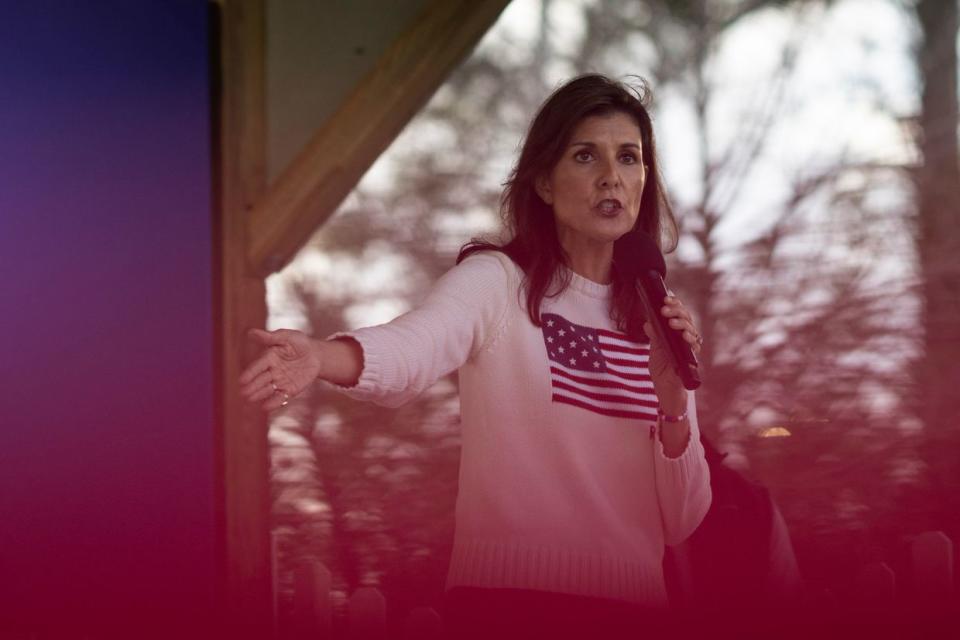 Nikki Haley, former governor of South Carolina and 2024 Republican presidential candidate, speaks during a bus tour campaign event at Moncks Corner Train Depot in Moncks Corner, South Carolina, U.S., on Feb. 23, 2024. (Christian Monterrosa/Bloomberg via Getty Image)s