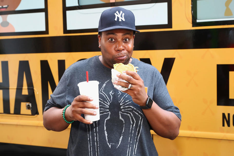 <p>The <i>Saturday Night Live</i> star dug into some grub to kick off the Dine Out for No Kid Hungry 2017 Bus Tour in New York. Thompson is one of several celebs who’ve partnered with the organization to raise awareness of and end childhood hunger. (Photo: Astrid Stawiarz/Getty Images for No Kid Hungry) </p>