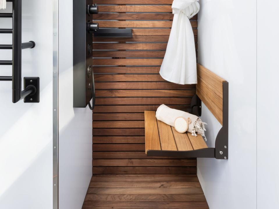 a shower surrounded by windows