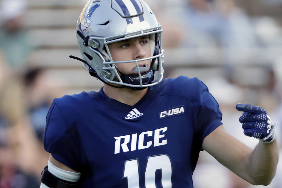 FILE - Rice wide receiver Luke McCaffrey (10) during an NCAA football game on Saturday, Sept. 7, 2022, in Houston. Luke has strong bloodlines. His dad, Ed McCaffrey, made a Pro Bowl and won three Super Bowls with San Francisco and Denver. His older brother, Christian McCaffrey, was the 2023 AP NFL Offensive Player of the Year. Luke McCaffrey is considered a mid-round pick.(AP Photo/Michael Wyke, File)