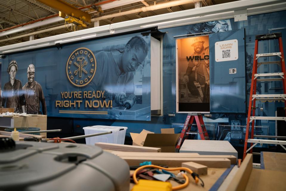 An interactive exhibit on wheels commissioned by the Michigan Regional Council of Carpenters and Millwrights to spread the word about skilled trades is designed at Creative Solutions Group in Clawson on Thursday, Aug. 31, 2023.