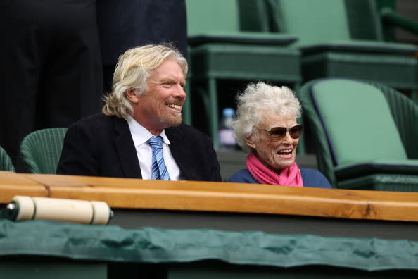 Sir Richard Branson (L) and his mother Eve Branson look on from the Royal Box on Centre Court on day seven of the Wimbledon Lawn Tennis Championships at the All England Lawn Tennis and Croquet Club on July 2, 2012 in London, England. (Photo by Clive Rose/Getty Images)