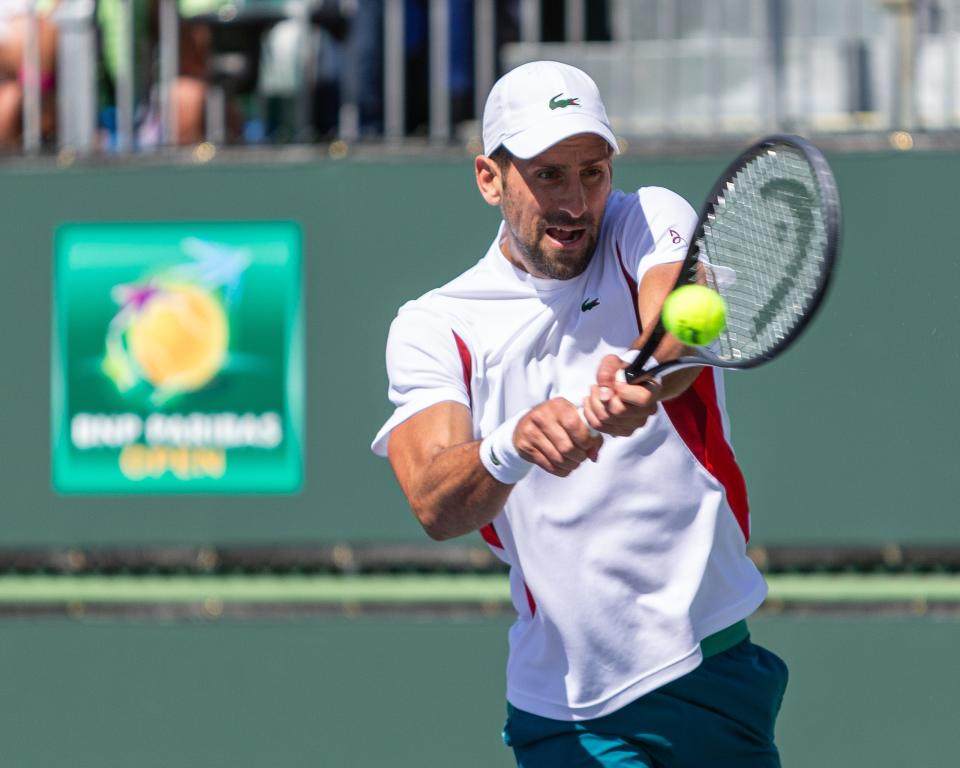 Novak Djokovic works on his game during a session on Practice Court 2 at the BNP Paribas Open in Indian Wells, Calif., Mar. 6, 2024.