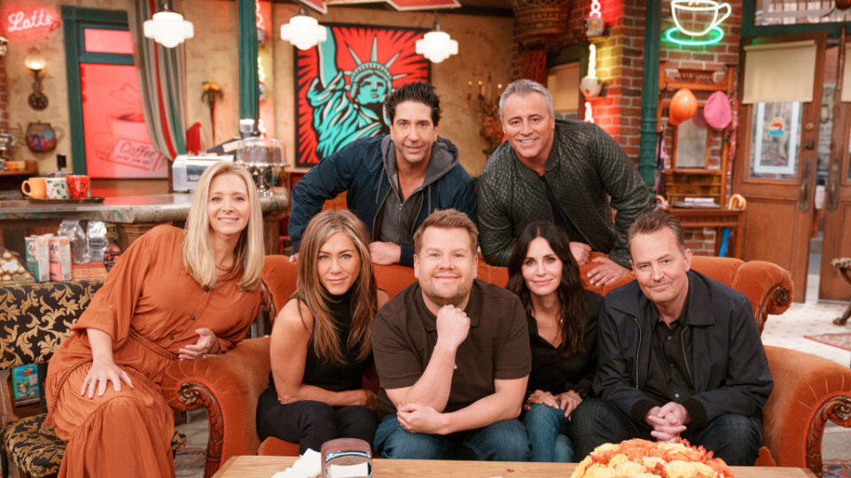 The cast of "Friends" with James Corden
