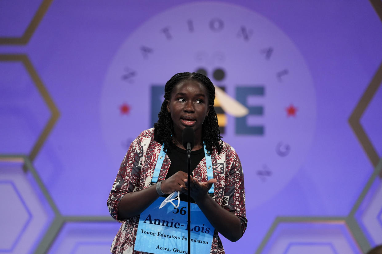 Annie-Lois Acheampong, 13, from Accra, Ghana, competes during the Scripps National Spelling Bee, Tuesday, May 31, 2022, in Oxon Hill, Md. (AP Photo/Alex Brandon)