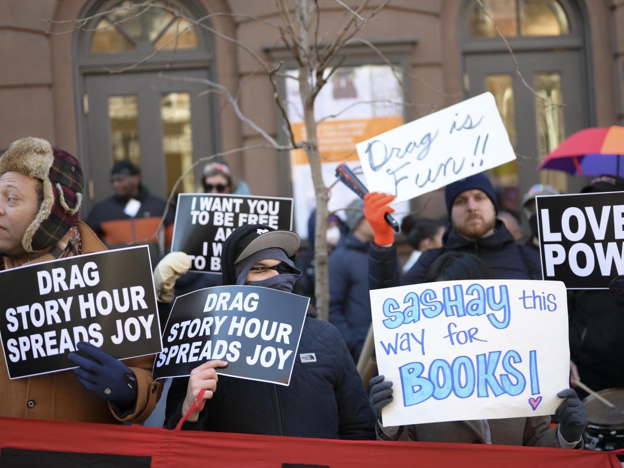 A group of protesters gather outside a Manhattan drag story hour hosted by state Attorney General Letitia James as counter-protesters lined the sidewalk to show their support for the event on March 19, 2023 in New York City, United States.