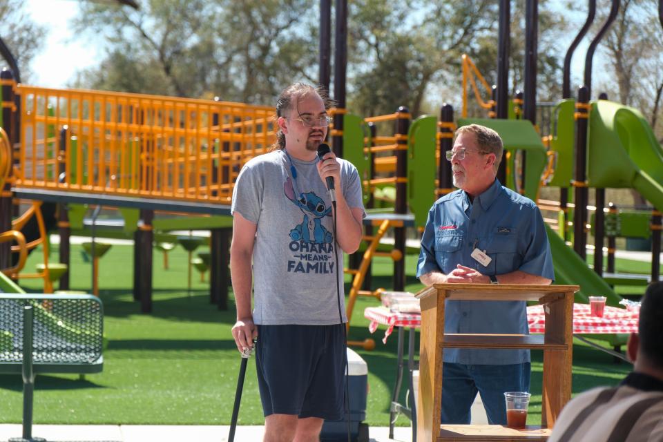 Jody Morris speaks to the crowd Thursday at the newly built Kylie Hiner Memorial Park in Canyon.