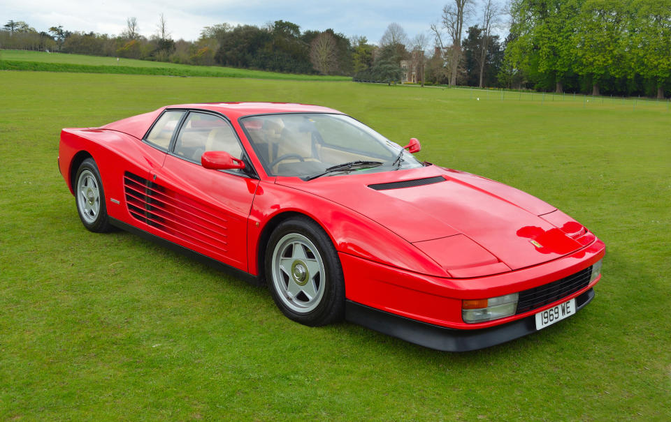 Saffron Walden, Essex, England - April 24, 2016: Classic Red Ferrari Testarrossa  on show at Audley End.