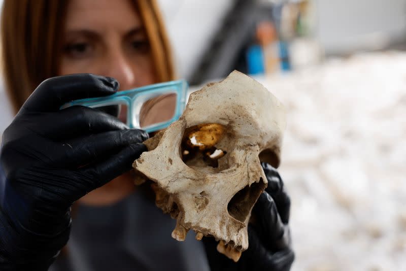 Archaeologist Veronica Alberto from Tibicena, an archaeology company, analyzes a human skull after being unearthed in a cave on the island of Gran Canaria