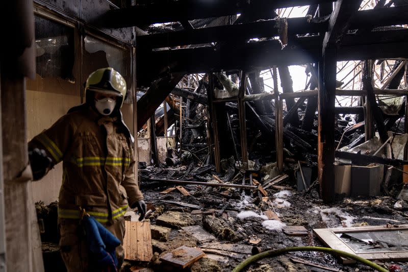 Aftermath of the fire at the Old Stock Exchange building, in Copenhagen