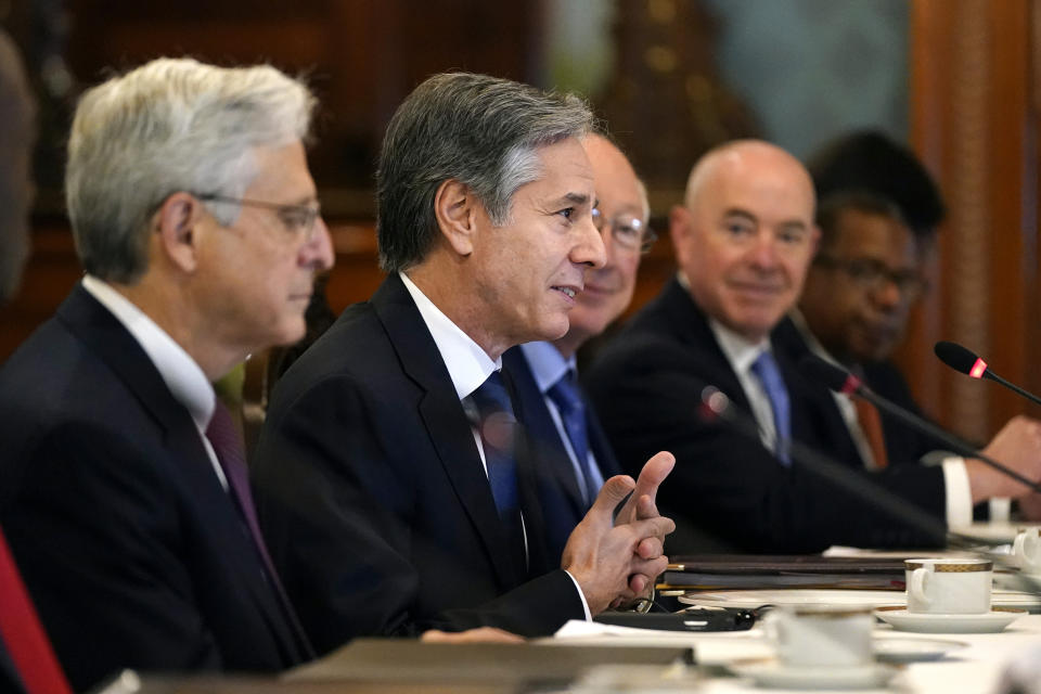 Secretary of State Antony Blinken speaks during a working breakfast with Mexican President AndrÈs Manuel LÛpez Obrador and Foreign Minister Marcelo Ebrard at the National Palace in Mexico City, Friday, Oct. 8, 2021. Seated alongside Blinken are Attorney General Merrick Garland, from left, U.S. Ambassador to Mexico Ken Salazar and Secretary of Homeland Security Alejandro Mayorkas. (AP Photo/Patrick Semansky, Pool)