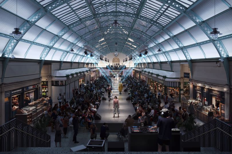 Grainger Market restoration plans: Proposed view from the top of the Nun Street pavilion looking down the arcade towards the Nelson Street pavilion during a fashion show.