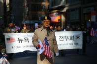 <p>Members of Korean Veterans Vietnam War of New York march up Fifth Avenue during the Veterans Day parade in New York on Nov. 11, 2017. (Photo: Gordon Donovan/Yahoo News) </p>