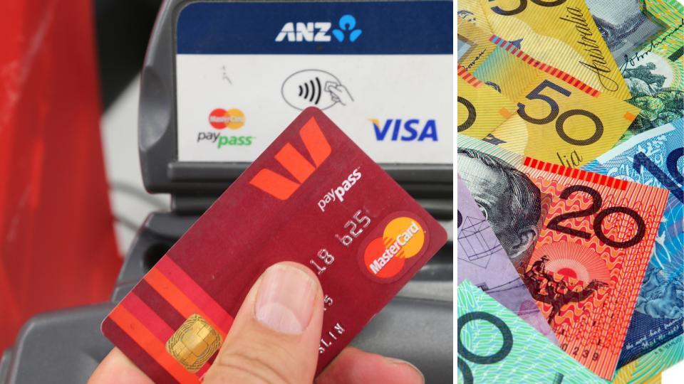 A composite image of a person holding a credit card and Australia money.