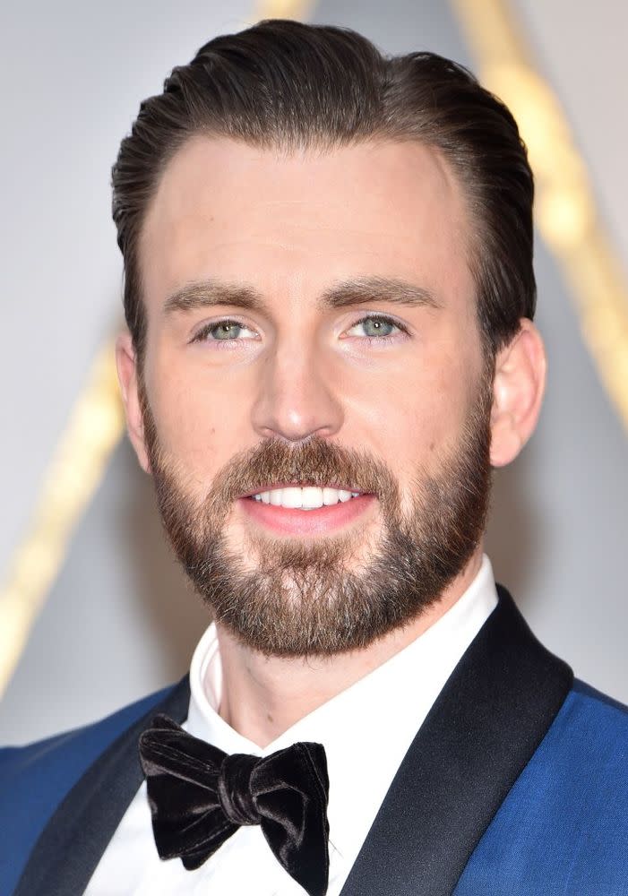 Chris Evans with his well-manicured facial hair — beard included.