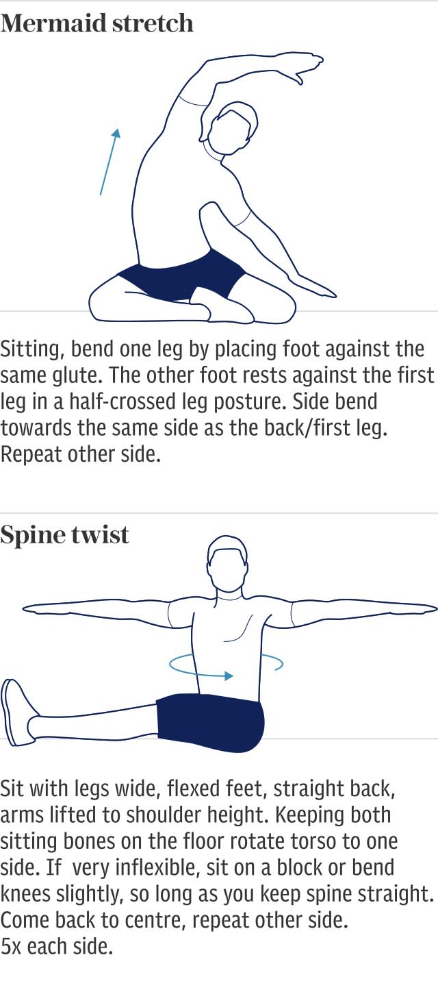 Pilates exercises: Mermaid stretch and Spine twist