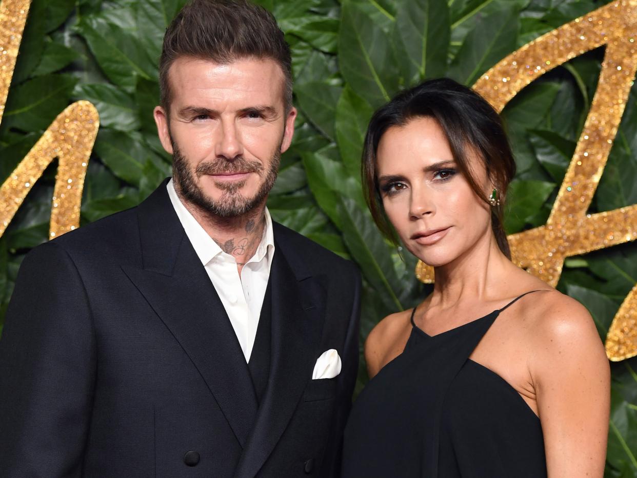 LONDON, ENGLAND - DECEMBER 10: David Beckham and Victoria Beckham arrive at The Fashion Awards 2018 In Partnership With Swarovski at Royal Albert Hall on December 10, 2018 in London, England.