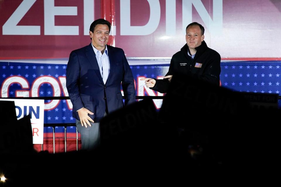 Florida Governor Ron DeSantis rallied with Republican candidate for New York Governor Lee Zeldin on 29 October. (AP)