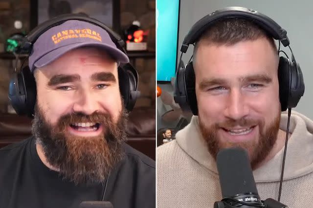 <p>New Heights/Youtube</p> Jason Kelce and Travis Kelce on their podcast