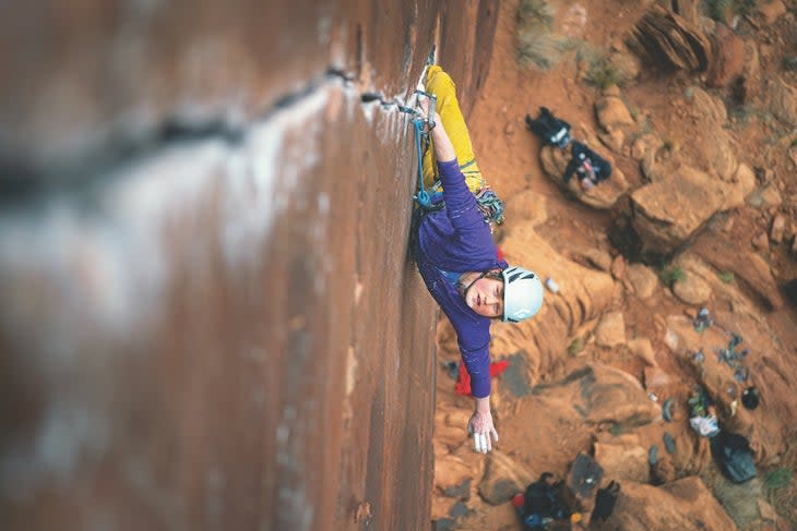 Lor Sabourin on the famous Concepcion (5.13), Moab, Utah. Dean Potter did the FA in 2003; in 2008, Alex Honnold and Steph Davis made the first repeats. Photo: Blake McCord.