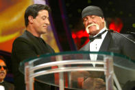 <p>Stallone stepped into the spotlight in a different way when he became a co-announcer of NBC's reality boxing series, <a href="https://people.com/celebrity/stallones-contender-ready-to-fight/" rel="nofollow noopener" target="_blank" data-ylk="slk:The Contender;elm:context_link;itc:0;sec:content-canvas" class="link "><i>The Contender</i></a>, alongside <a href="https://people.com/tag/sugar-ray-leonard/" rel="nofollow noopener" target="_blank" data-ylk="slk:Sugar Ray Leonard;elm:context_link;itc:0;sec:content-canvas" class="link ">Sugar Ray Leonard</a> in 2005.</p> <p>That same year, he had the honor of inducting pro wrester <a href="https://people.com/sports/hulk-hogan-life-now-2019-exclusive-interview/" rel="nofollow noopener" target="_blank" data-ylk="slk:Hulk Hogan;elm:context_link;itc:0;sec:content-canvas" class="link ">Hulk Hogan</a> into the WWE Hall of Fame. In fact, the actor offered Hogan the opportunity for a cameo in <a href="https://people.com/movies/sylvester-stallone-celebrates-40-years-rocky-2/" rel="nofollow noopener" target="_blank" data-ylk="slk:Rocky III;elm:context_link;itc:0;sec:content-canvas" class="link "><i>Rocky III</i></a>, in which he played a wrestler named Thunderlips.</p>