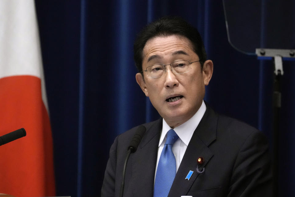 FILE - Japan's Prime Minister Fumio Kishida speaks during a news conference at the prime minister's official residence in Tokyo on Aug. 31, 2022. The leaders of South Korea and Japan will meet next week on the sidelines of the U.N. General Assembly in New York, Seoul officials said Thursday, Sept. 15, 2022, in what would be the countries’ first summit in nearly three years amid disputes over history. (AP Photo/Shuji Kajiyama, Pool, File)