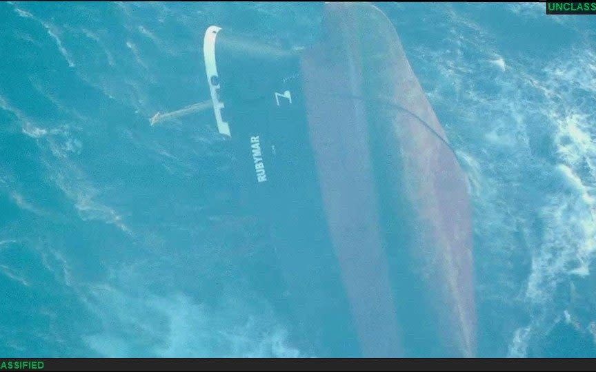 The UK-owned vessel Rubymar, which had sunk in the Red Sea after being struck by an anti-ship ballistic missile fired by Yemeni Houthi militants, is seen in this aerial view