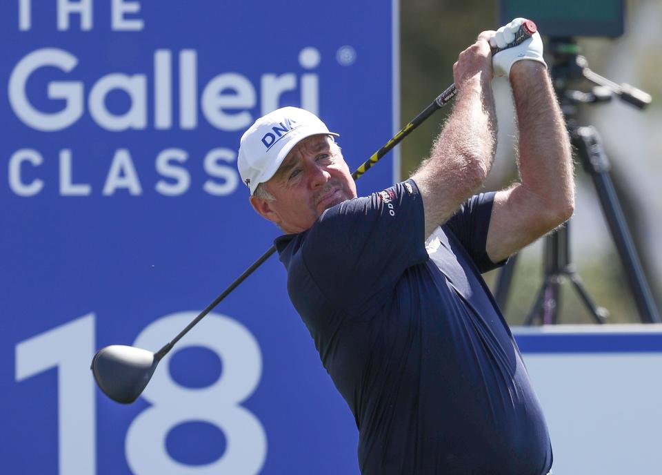 Rod Pampling tees off on the 18th hole during the Galleri Classic at Mission Hills Country Club in Rancho Mirage, March 24, 2023. 