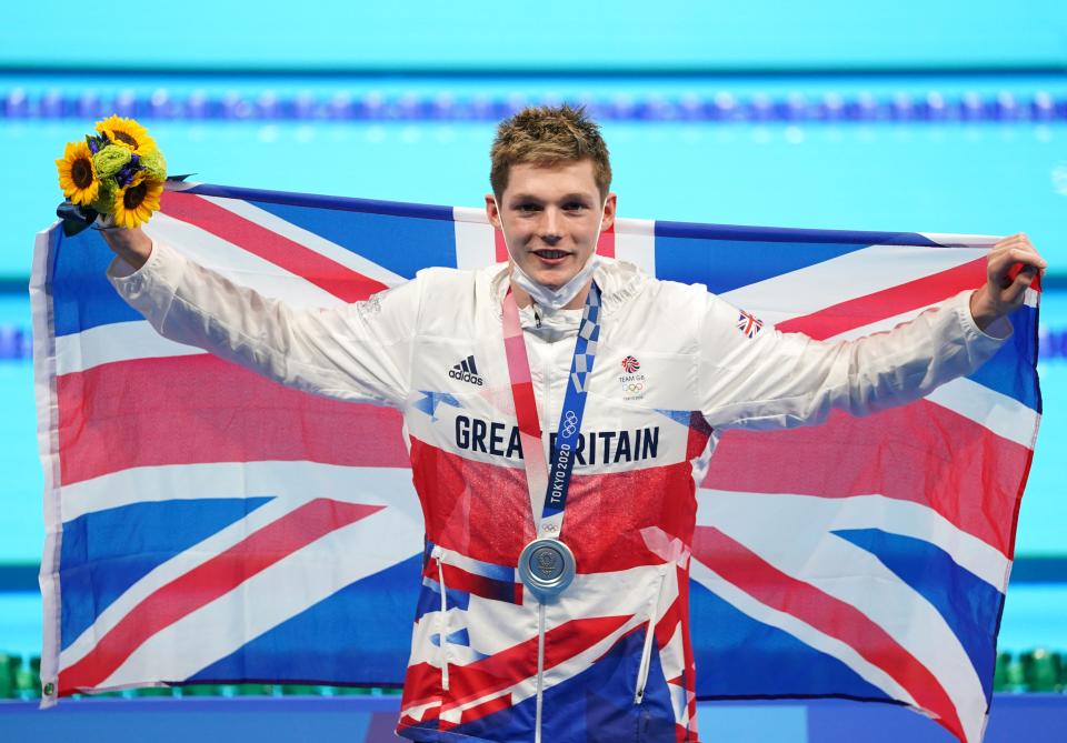 Duncan Scott on the podium for the Men’s 200m Individual Medley Final after winning silver (Joe Giddens/PA) (PA Wire)