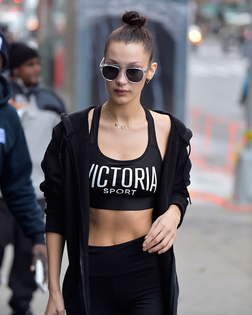 Bella Hadid nails the athleisure look in a Victoria’s Secret sports bra and leggings