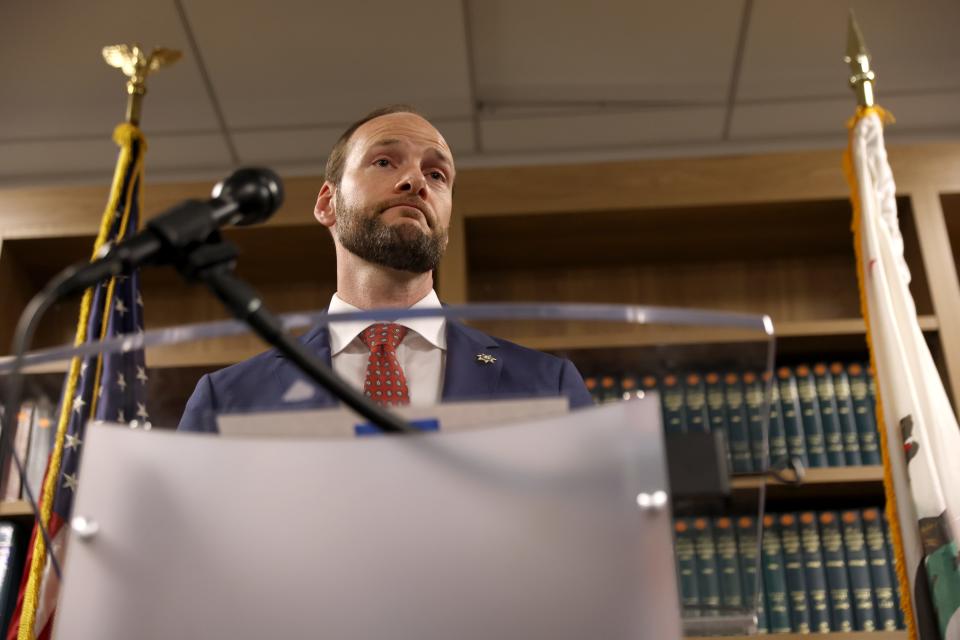 San Francisco District Attorney Chesa Boudin speaks during a news conference on May 10, 2022.