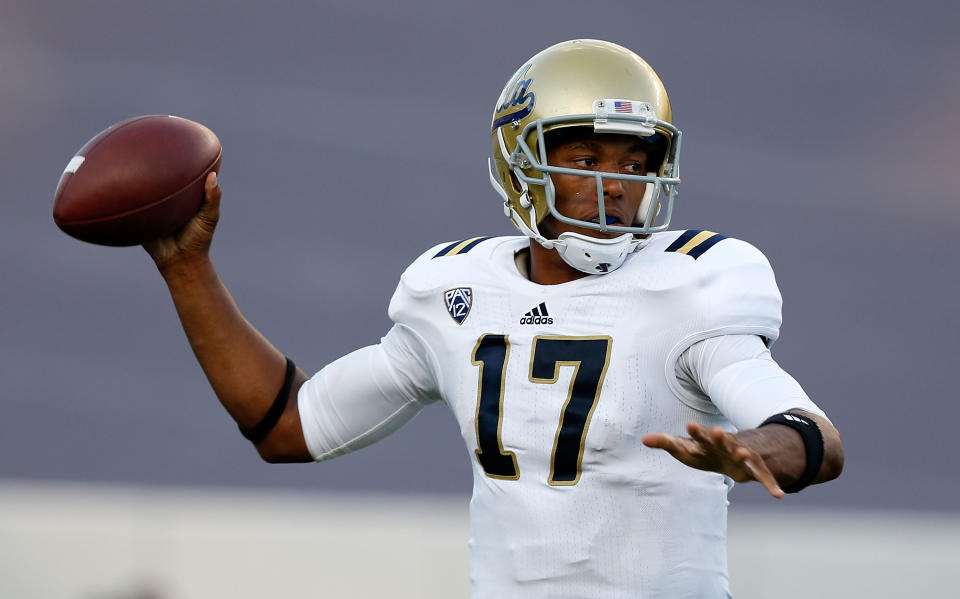 Brett Hundley of the UCLA Bruins throws a pass during the game against the Rice Owls at Rice Stadium on August 30, 2012 in Houston, Texas. (Photo by Scott Halleran/Getty Images)
