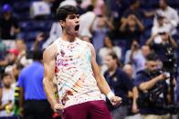 Carlos Alcaraz, of Spain, reacts after defeating Alexander Zverev, of Germany, during the quarterfinals of the U.S. Open tennis championships, Wednesday, Sept. 6, 2023, in New York. (AP Photo/Frank Franklin II)