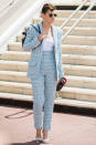 <p>The jury member arrived at the 71st international film festival in Cannes wearing a pale blue Chanel suit, white heeled sandals, and sunglasses. (Photo: Rex) </p>
