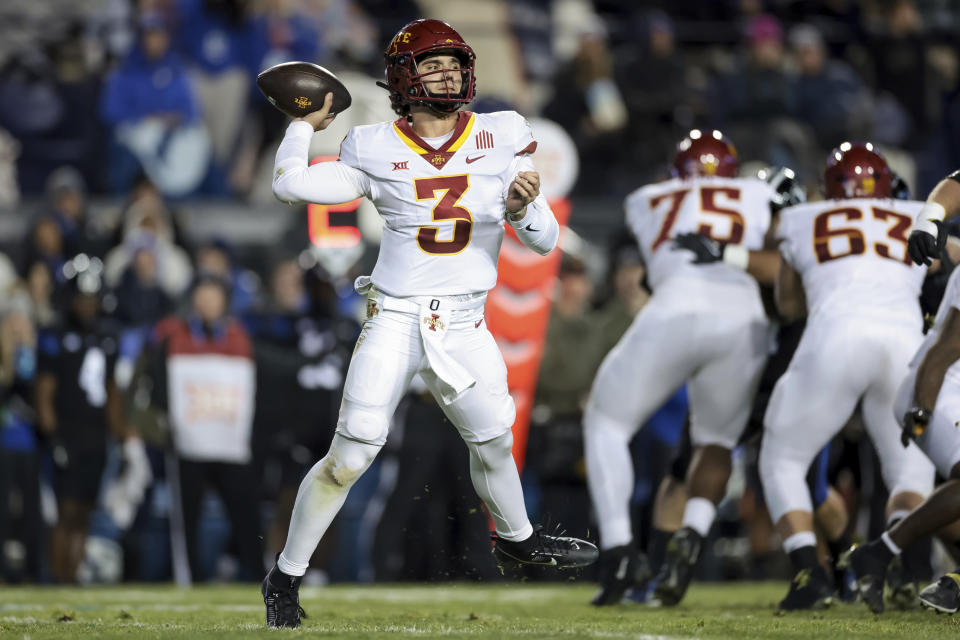 Iowa State quarterback Rocco Becht (3) throws a pass against BYU during an NCAA college football game Saturday, Nov. 11, 2023, in Provo, Utah. (Spenser Heaps/The Deseret News via AP)