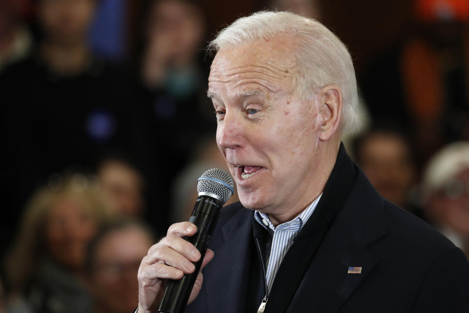 Democratic presidential candidate former Vice President Joe Biden speaks at a campaign event, Sunday, Feb. 9, 2020, in Hampton, N.H. (AP Photo/Elise Amendola)