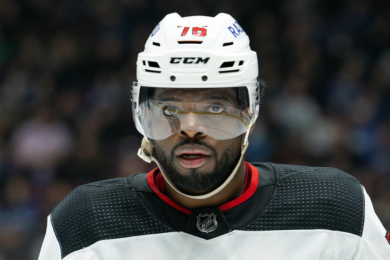 New Jersey Devils defenseman P.K. Subban (76) waits for a face-off during their NHL game against the Vancouver Canucks at Rogers Arena on March 15, 2022 in Vancouver, British Columbia, Canada.