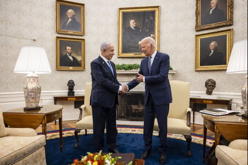 Netanyahu was scheduled to meet with Vice President Kamala Harris later Thursday and then meet with former President Donald Trump on Friday. Photo by Samuel Corum/UPI