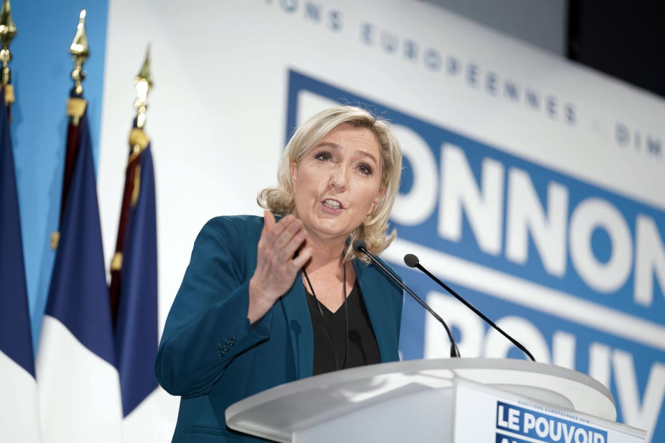 Marine Le Pen holds a campaign meeting on Feb. 24, 2019, in Caudry, northern France. (Photo: Getty Images, Sylvain Lefevre)