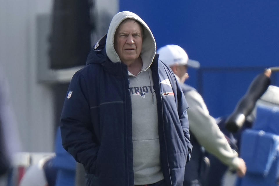 New England Patriots head coach Bill Belichick walks on the field during an NFL football practice, Wednesday, Nov. 15, 2023, in Foxborough, Mass. (AP Photo/Steven Senne)