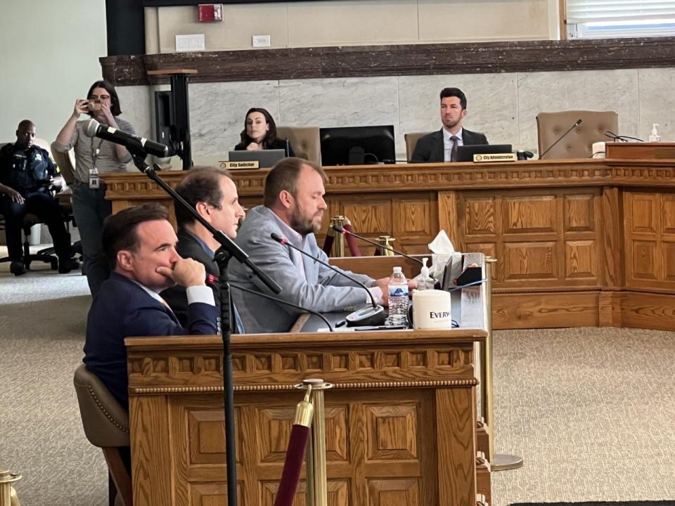 Former Cincinnati Mayor John Cranley, left, joins Brian Boland of Bridge Forward and Greg Fischer of Fischer Homes to obtain City Council's support for design changes to the Brent Spence corridor project.