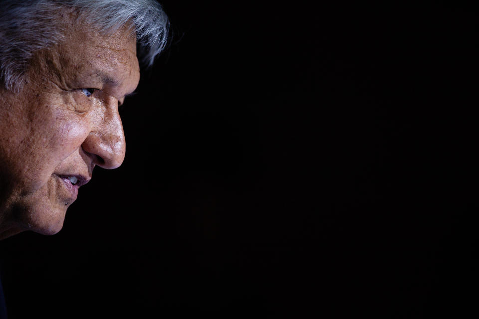 MEXICO CITY, MEXICO - JULY 05: President-elect of Mexico, Andres Manuel Lopez Obrador, speaks during a press conference to announce Marcelo Ebrard's appointment as Minister of Foreign Affairs at Salon D'Luz on July 5, 2018 in Mexico City, Mexico. (Photo by Manuel Velasquez/Getty Images)