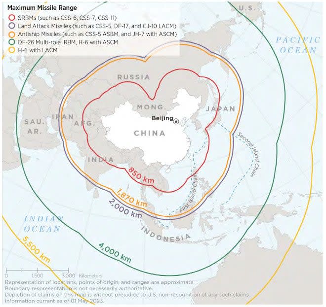 A map showing the range at which China can strike from its territory using existing ground-launched conventional cruise and ballistic missiles, as well as air-launched conventionally-armed cruise missiles. A conventional ICBM would significantly expand its capability in this regard. <em>DOD</em>