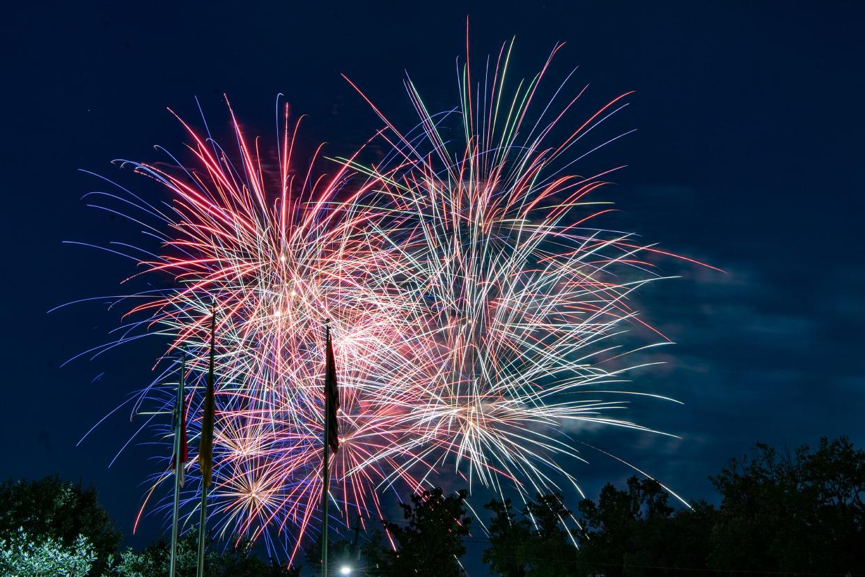 In a multiple-second camera exposure, the Hendersonville Independence Day fireworks show is seen from Church Street on July 4, 2020. 