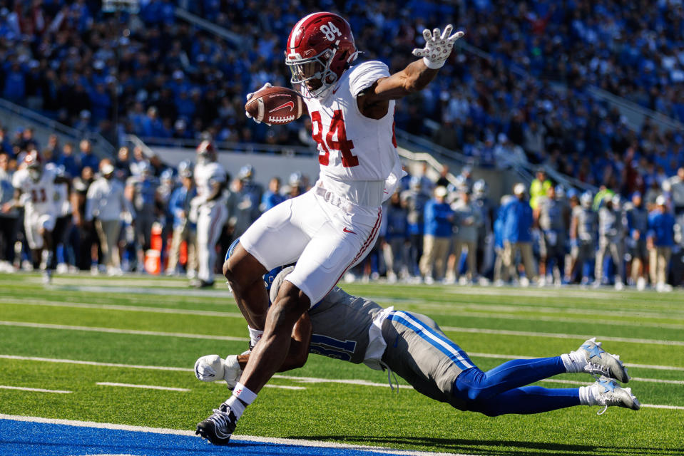 Nov 11, 2023; Lexington, Kentucky, USA; Alabama Crimson Tide tight end Amari Niblack (84) runs into the end zone for a touchdown during the first quarter against the Kentucky Wildcats at Kroger Field. Mandatory Credit: Jordan Prather-USA TODAY Sports