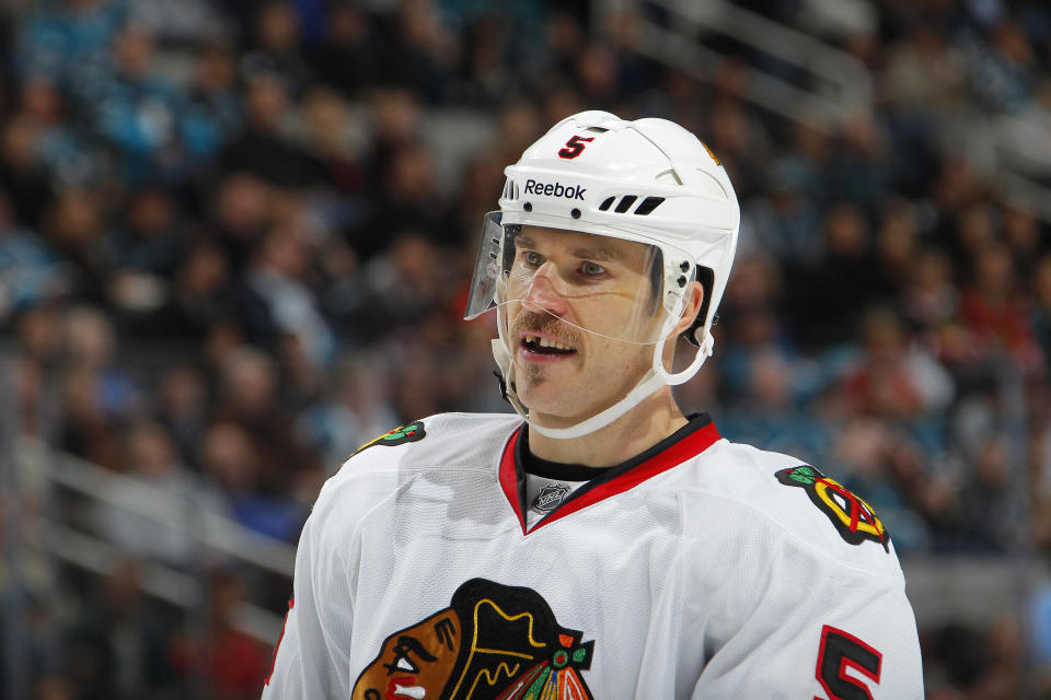 SAN JOSE, CA - NOVEMBER 23:  Defenseman Steve Montador #5 of the Chicago Blackhawks readies for the face-off against the San Jose Sharks at the HP Pavilion on November 23, 2011 in San Jose, California. The Sharks defeated the Blackhawks 1-0. (Photo by Rocky Widner/Getty Images)