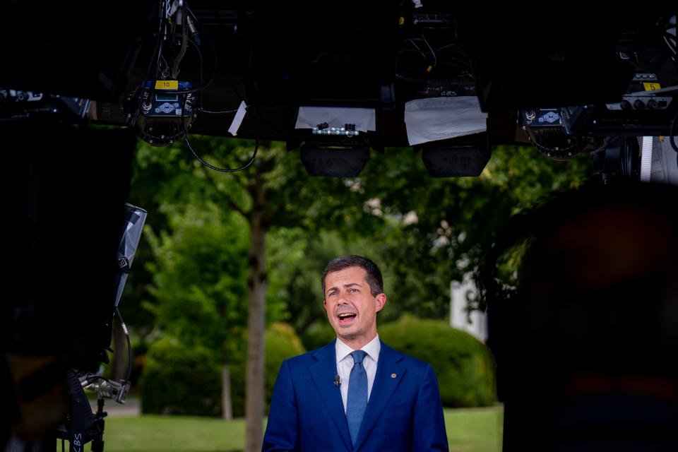 Pete Buttigieg speaks during a television interview on the North Lawn of the White House on July 23.  (Andrew Harnik/Getty Images)