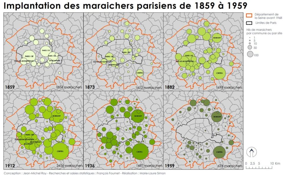 Évolution de l’implantation des maraîchers en Île-de-France, avec une installation préférentielle au nord et au sud. Jean-Michel Roy, Fourni par l'auteur