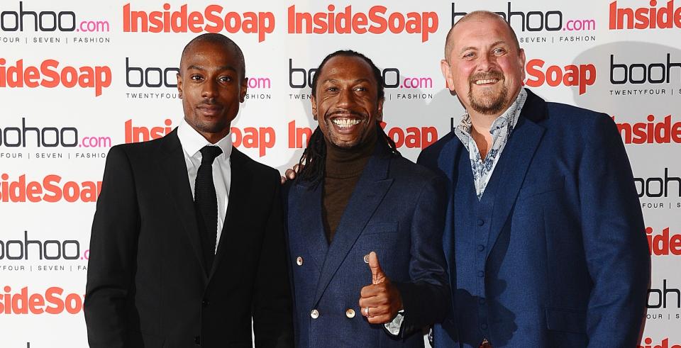 Charles Dale, pictured with soap stars Michael Obiora and Tony Marshall, starred in Casualty for nine years. (PA)