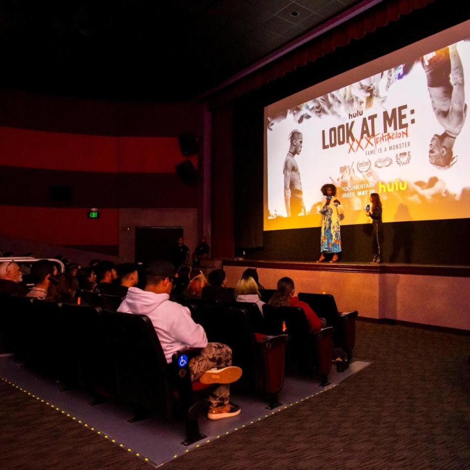 An audience listens to a Q&A session with director Sabaah Folayan and Co-Director of Programming at MDC’s Tower Theater Miami, Luaren Cohen, after the early Florida screening of the Hulu documentary “Look At Me: XXXTentacion” in Miami’s Little Havana neighborhood, on Wednesday, May 11, 2022.